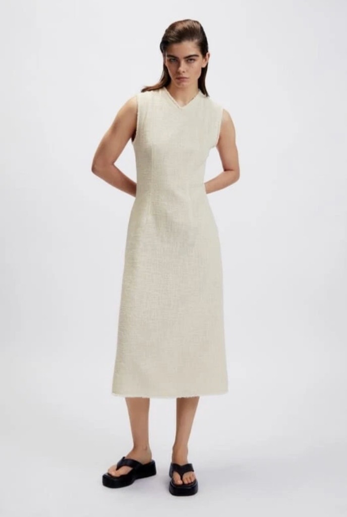 Zara Dress Womens S Cream Tweed Cotton Sleeveless V-Neck A-Line Midi